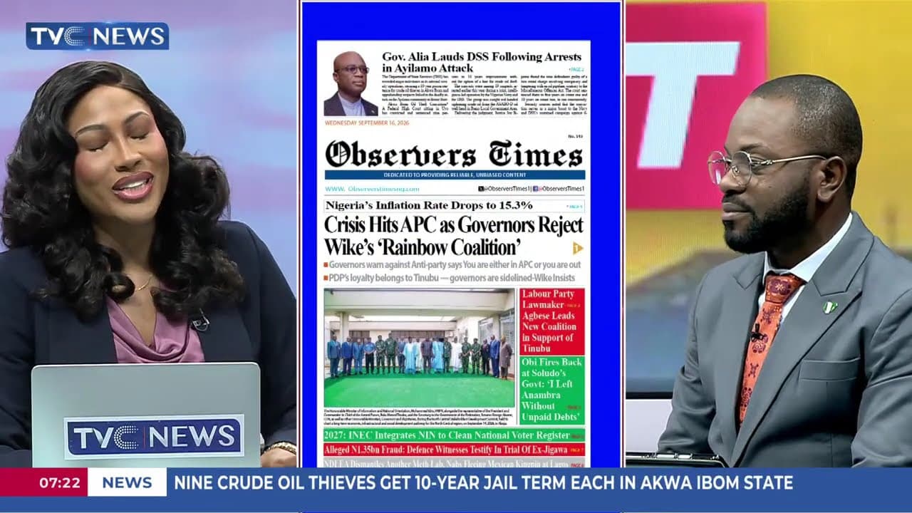TVC Newspaper Review: Crisis Hits APC as Governors Reject Wike’s Rainbow Coalition